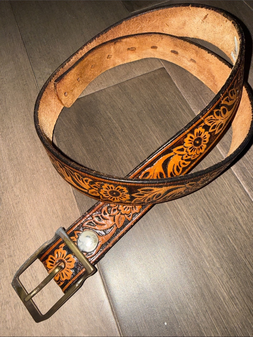Vintage Tooled Leather Floral Western Belt Dark Brown Brass Buckle Boho No.3 - Picture 7 of 7